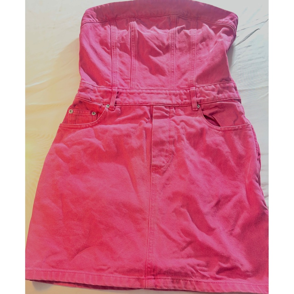 VICI Strapless Denim Mini Dress Small Pink Red Tie Dye Bustier Zip Back